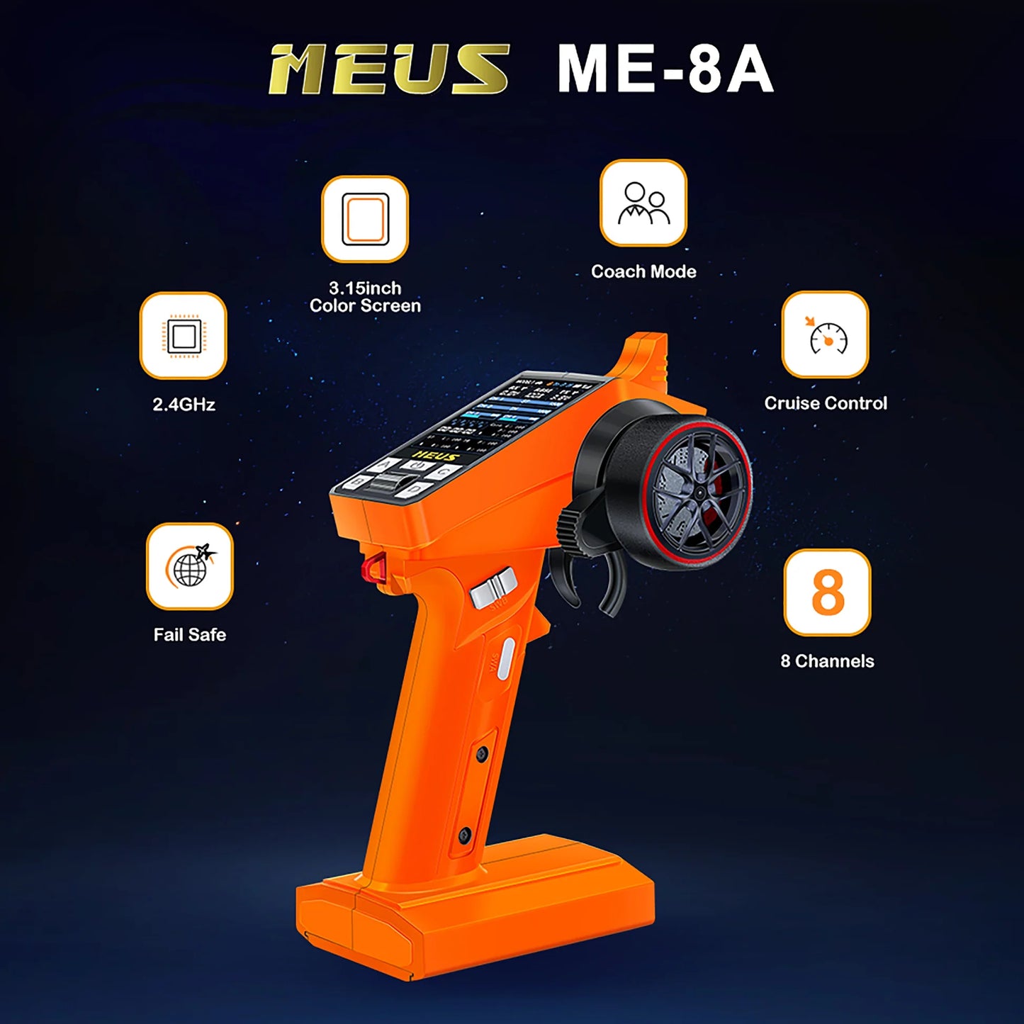 MEUS-01-6022 MEUS Racing ME-8A 8CH 2.4GHz RC Transmitter with M-08A Receiver for SCX24 TRX4M SCX10 TRX-4 RC Models - Orange