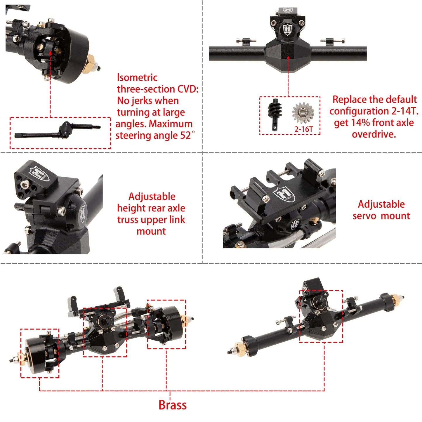 SCX24-01-KY1568 MEUS Racing Isokinetic 3-Section CVD Front and Rear Axles Maximum Steering Angle 52° Wider +5MM for Axial SCX24 Deadbolt C10 JLU Gladiator Bronco 1/24 RC Crawler Upgrade Parts - Front and Rear axles black