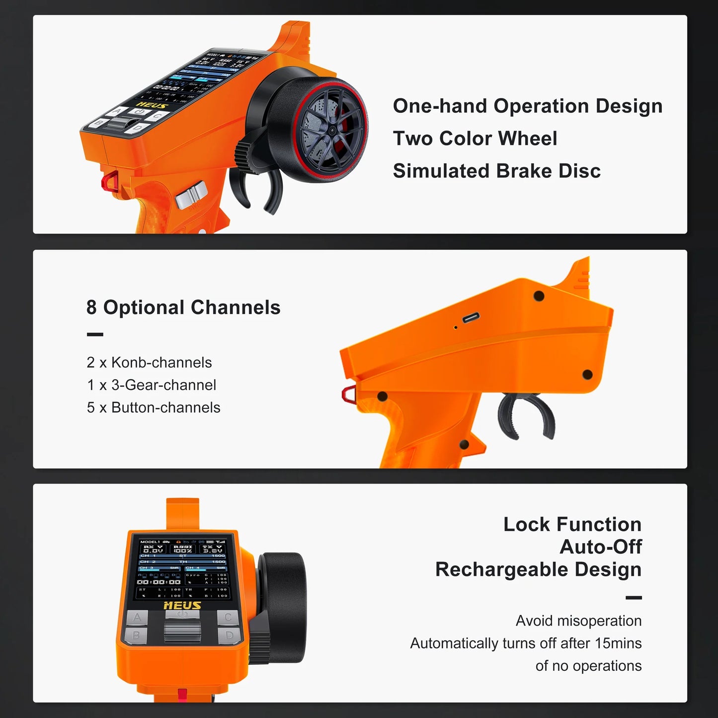 MEUS-01-6022 MEUS Racing ME-8A 8CH 2.4GHz RC Transmitter with M-08A Receiver for SCX24 TRX4M SCX10 TRX-4 RC Models - Orange