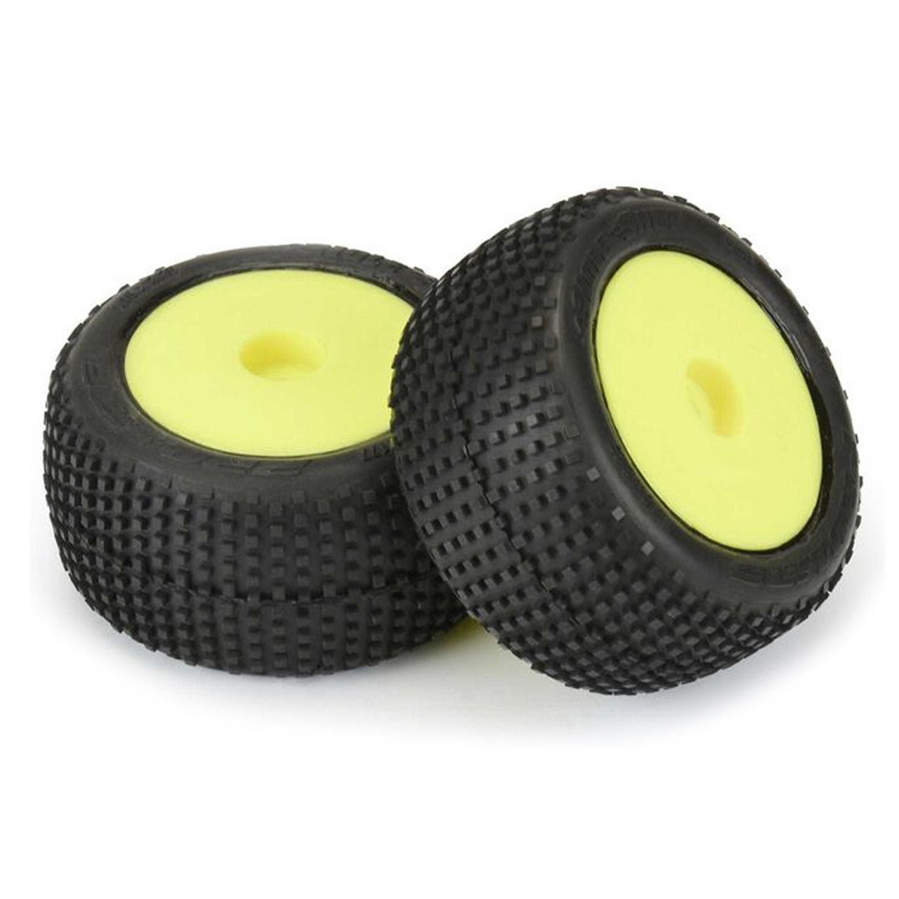 1017712 Hole Shot Off-Road Mini-T 2.0 Tires Mounted on Yellow 8mm Wheels for Mini-T Front and Rear