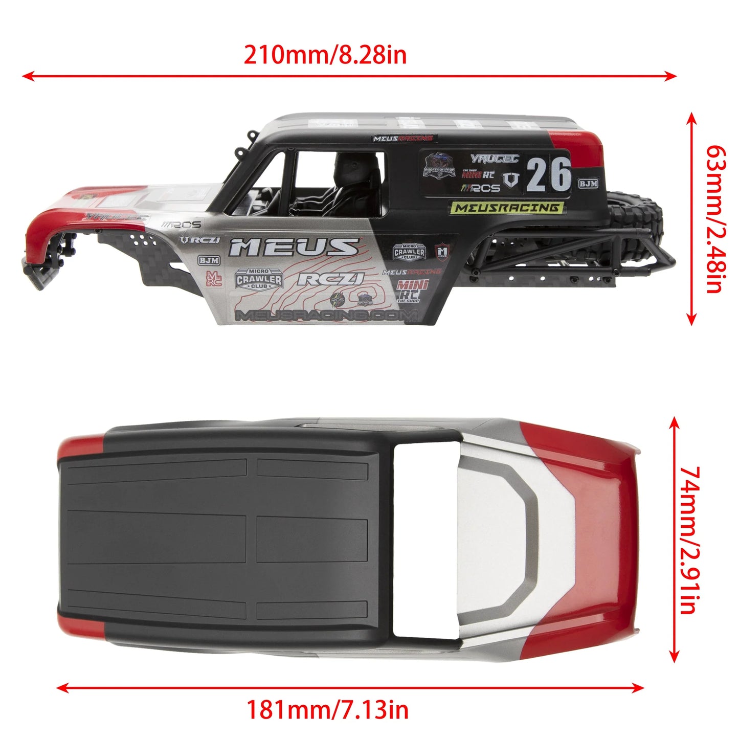 MEUS-MB24-01 MEUS Racing MB24 Body 5.2in 132MM Axial Shell Body ABS+Nylon Carbon Fiber Frame For 1/24 Axial SCX24 Bronco JLU B-17 C10 - Red