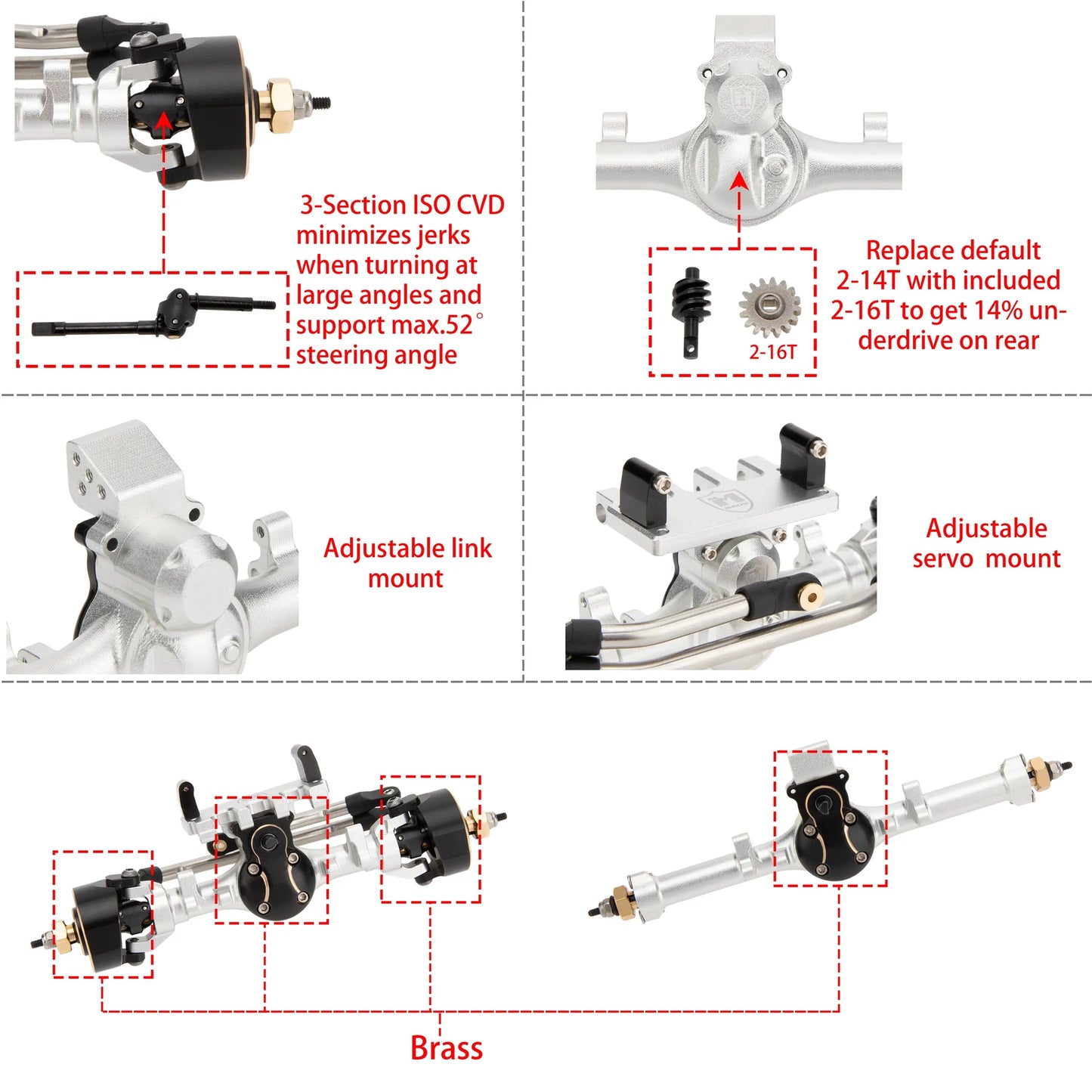 MEUS Racing SCX24 Metal V2 Isokinetic Front Rear Axles +5MM Isokinetic 3-Section CVD With 52° Steering Angle for 1/24 SCX24 - Silver