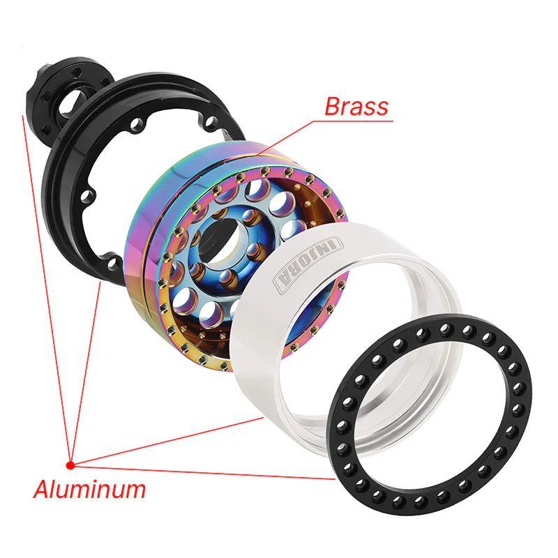 DGW-1957RW INJORA 1.9" Super Heavy Brass & Aluminum Beadlock Wheels Offset -10mm for 1/10 RC Crawlers (4) (W1957) - Rainbow Color