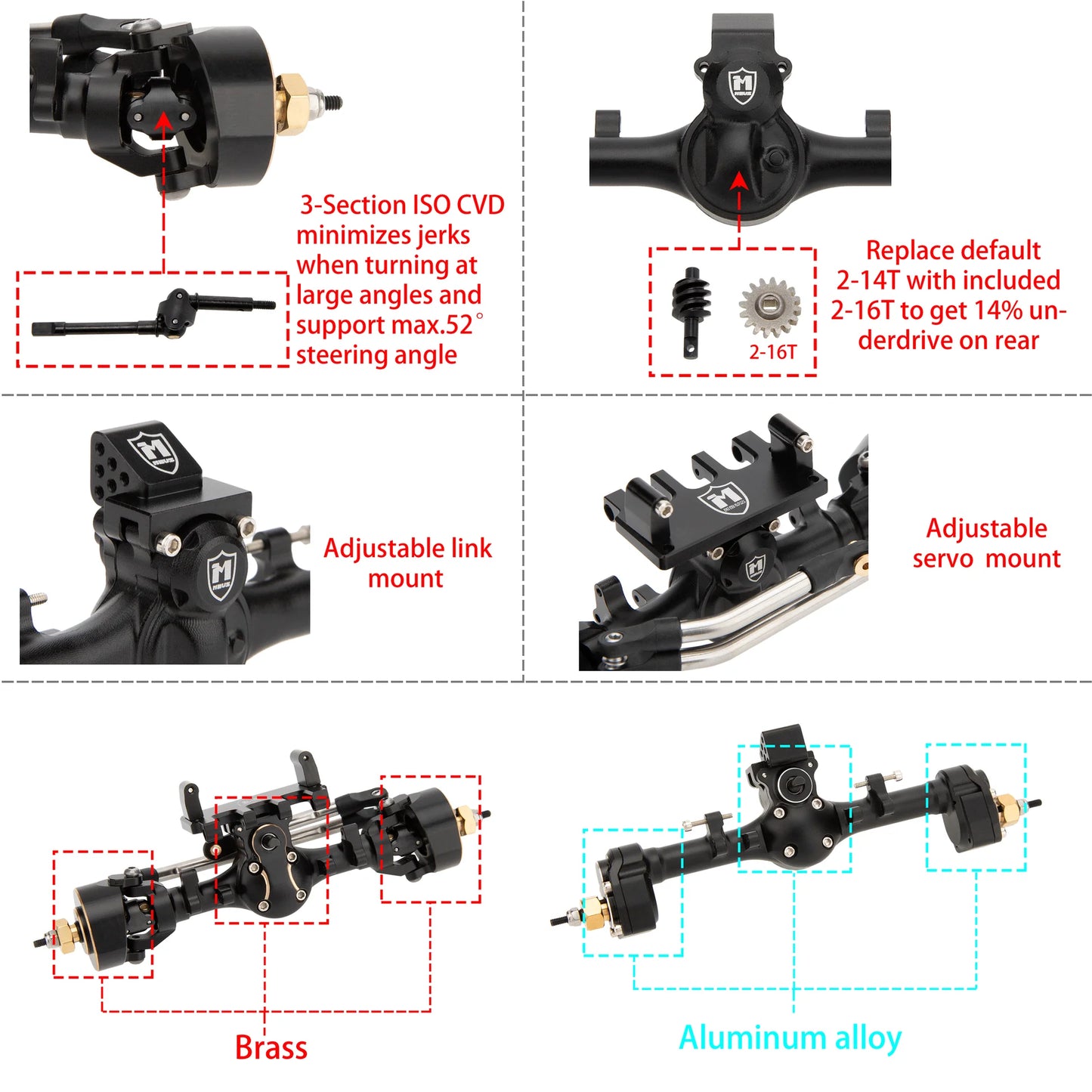 MEUS Racing 'Mullet Setup' SCX24 Metal V2 Isokinetic Front Axle & Portal Rear Axle for Axial 1/24 SCX24 RC Crawler