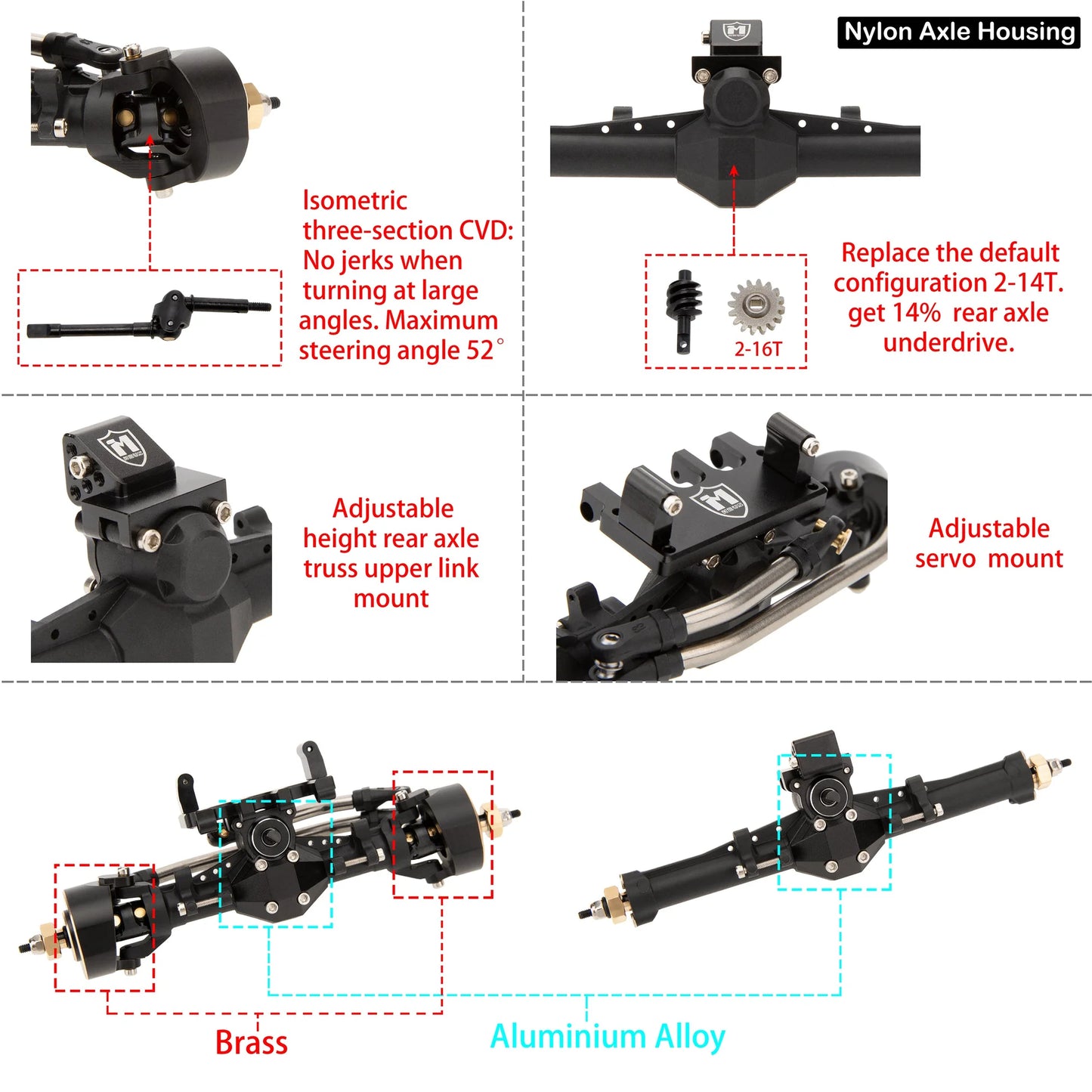 SCX24-01-KY1569 MEUS Racing Plastic Nylon Isokinetic 3-Section CVD Front Rear Axles Maximum Steering Angle 52° +5MM for SCX24 Deadbolt C10 JLU Gladiator Bronco - Front & Rear axles