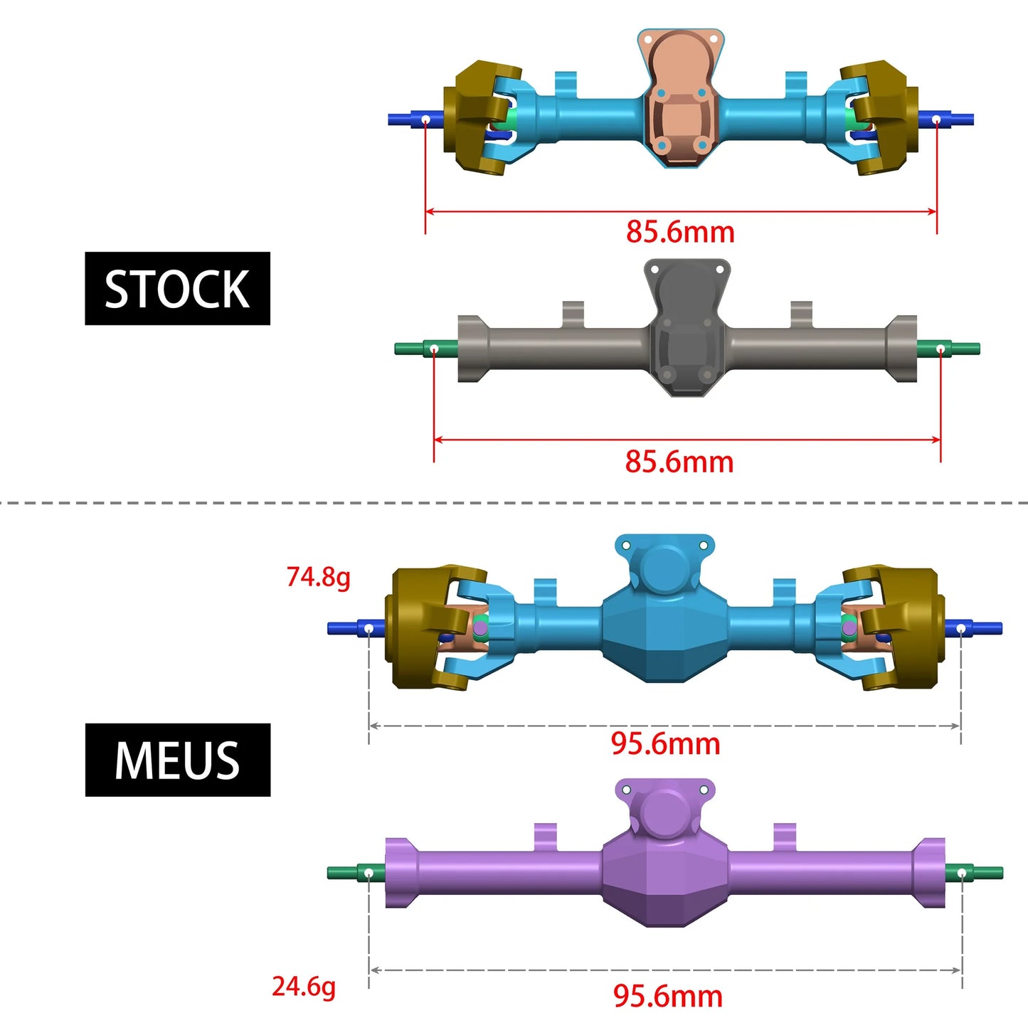 SCX24-01-KY1569 MEUS Racing Plastic Nylon Isokinetic 3-Section CVD Front Rear Axles Maximum Steering Angle 52° +5MM for SCX24 Deadbolt C10 JLU Gladiator Bronco - Front & Rear axles