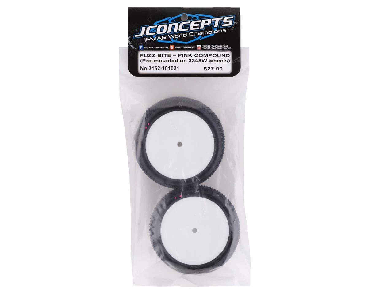 JConcepts Fuzz Bite LP 2.2" Pre-Mounted Rear Buggy Carpet Tires (White) (2) w/12mm Hex (Pink) - 3152-101021