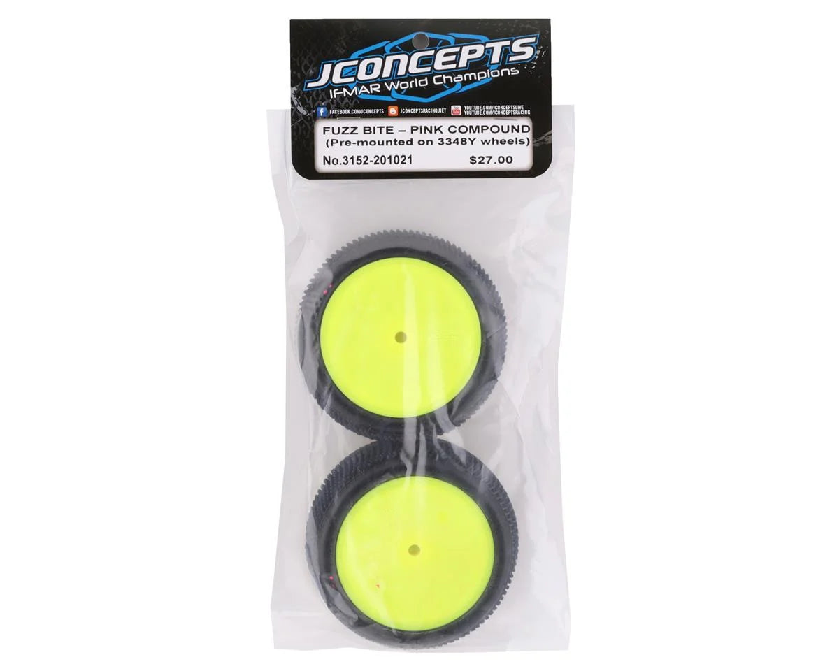 JConcepts Fuzz Bite LP 2.2" Pre-Mounted Rear Buggy Carpet Tires (Yellow) (2) w/12mm Hex (Pink) - 3152-201021