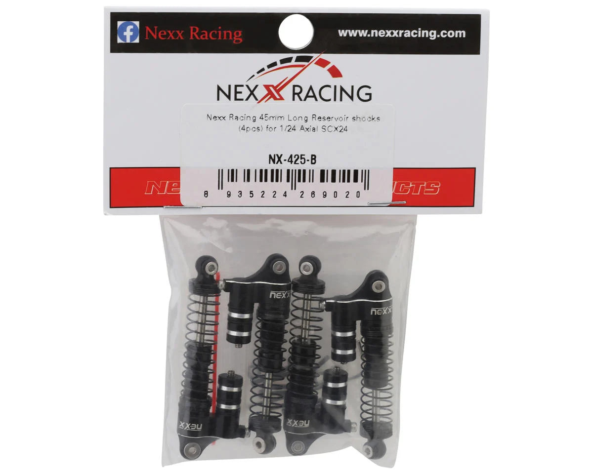 NX-425-B NEXX Racing SCX24 45mm Aluminum Oil-Filled Threaded Reservoir Shocks (Black) (4)