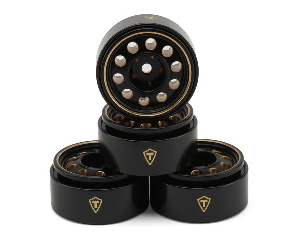 Treal Hobby 0.7" 10-Hole Brass Micro Rock Crawler Beadlock Wheels (Black/Gold) (4) (16.22g ea) - TLHTSCX30-131