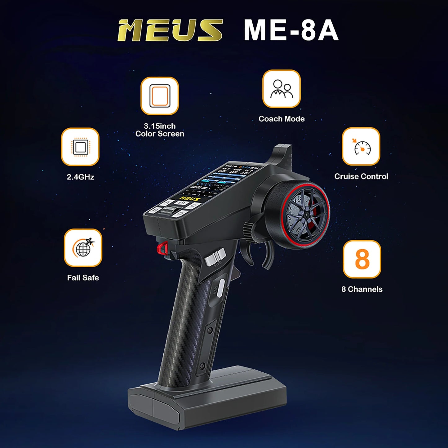 MEUS Racing ME-8A 8CH 2.4GHz RC Transmitter with M-08A Receiver for all Micro & Mini Crawlers - Black - MEUS-01-6022