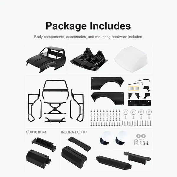 INJORA IR60-10 Hard Body with Interior & Bed Cage for 1/10 RC Crawler (Black) - IR60-10BK