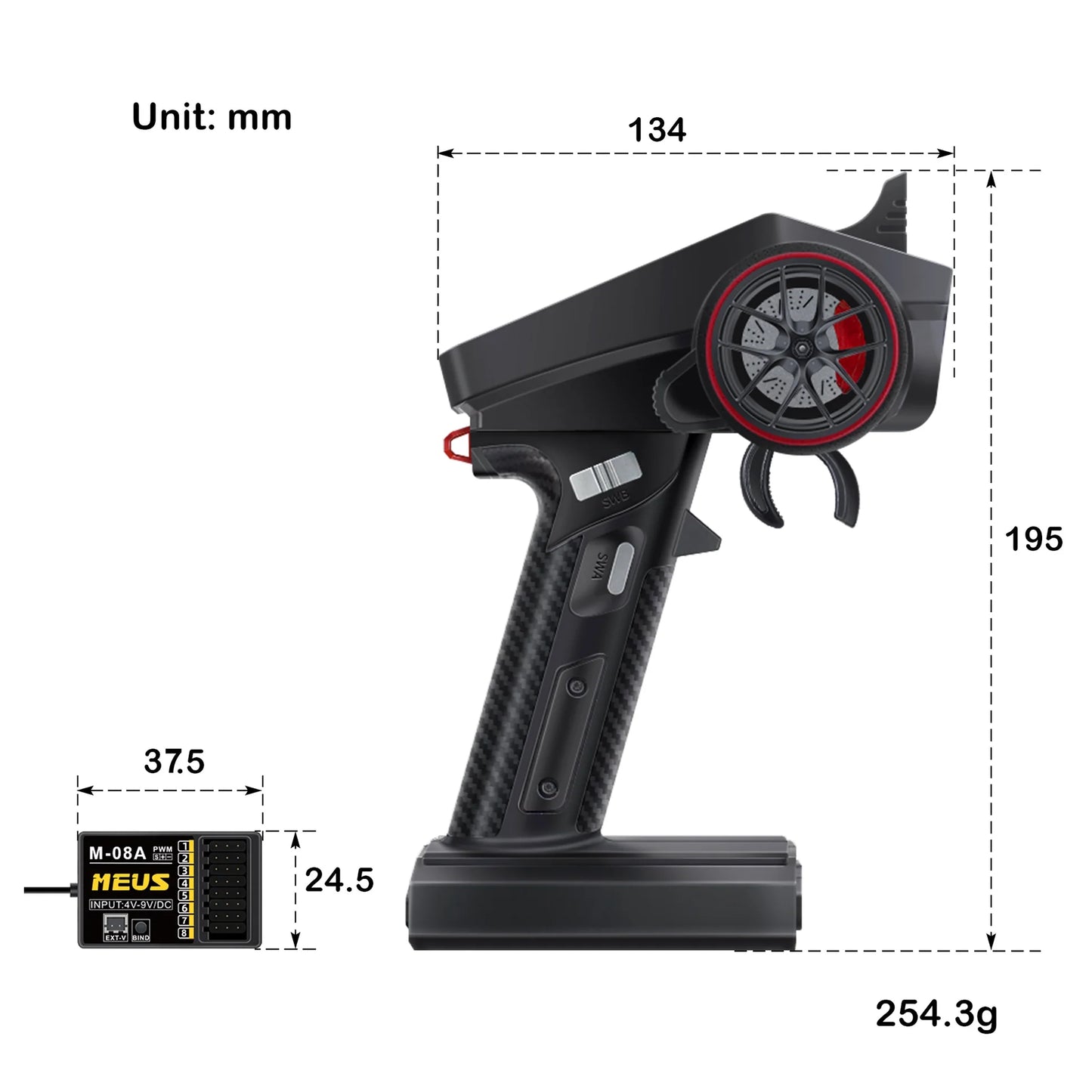 MEUS Racing ME-8A 8CH 2.4GHz RC Transmitter with M-08A Receiver for all Micro & Mini Crawlers - Black - MEUS-01-6022