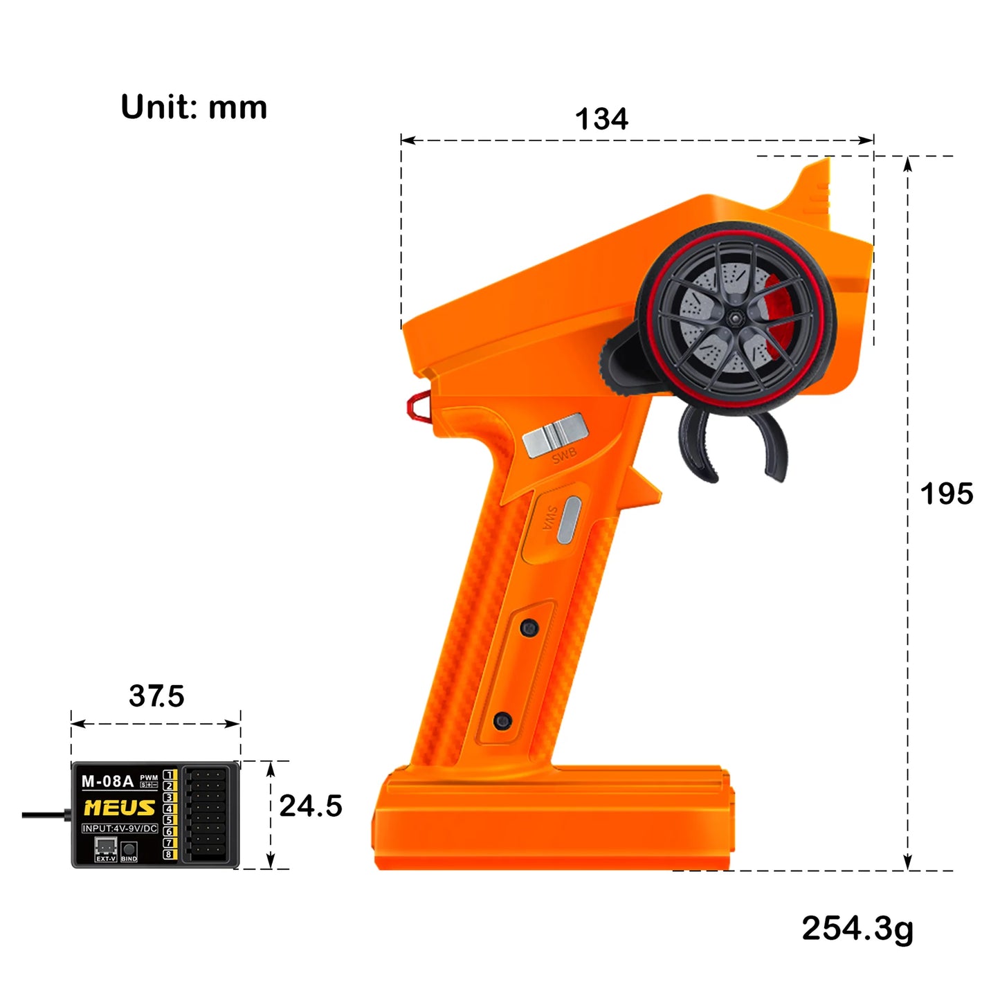 MEUS Racing ME-8A 8CH 2.4GHz RC Transmitter with M-08A Receiver for all Micro & Mini Crawlers - Orange - MEUS-01-6022O