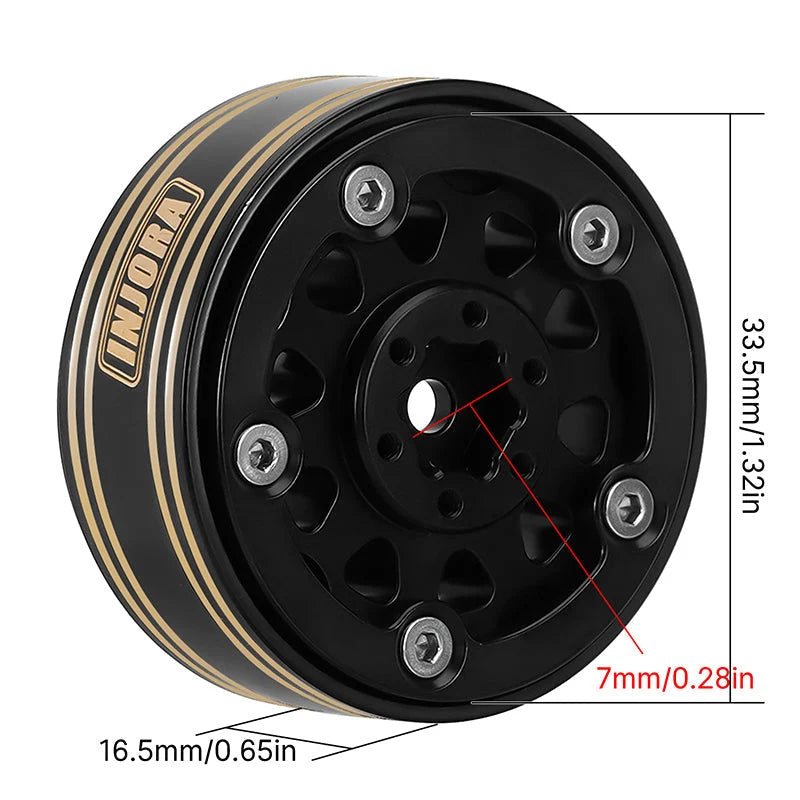 Injora 1.3” 81g/pcs Super Heavy Brass -5.25mm Offset Beadlock Wheels for 1/24 or 1/18 RC Crawler - YQW-1305BGD