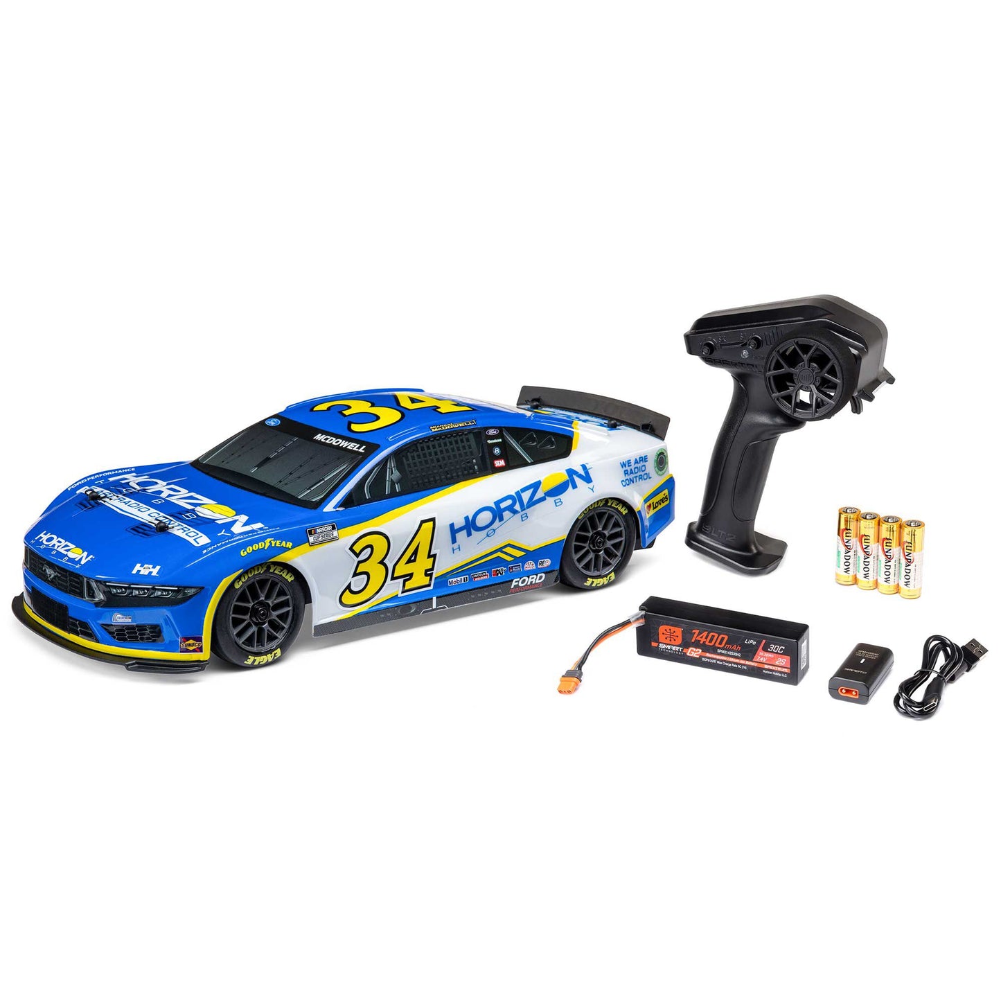 LOS1122434 1/12 Losi NASCAR AWD RC Racecar, Michael McDowell No. 34 Horizon Hobby 2024 Ford Mustang