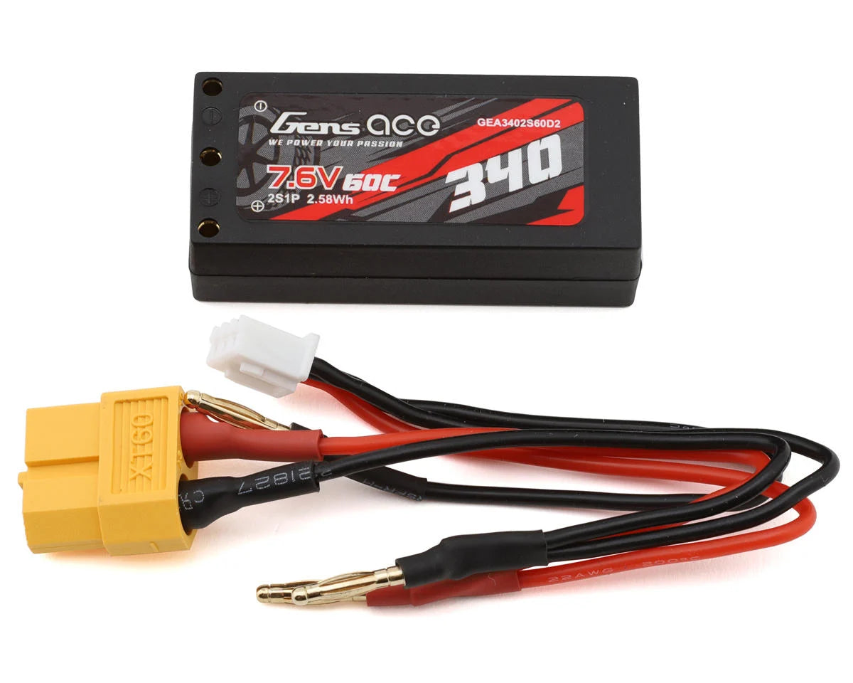 Gens Ace 2S 60C Hardcase Shorty LiHV Battery (7.6V/340mAh) w/2mm Bullets - GEA3402S60D2