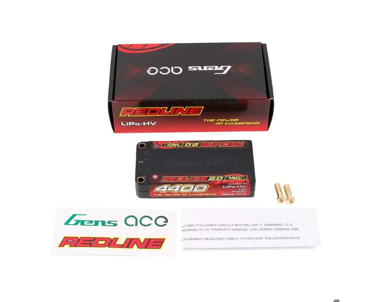Gens Ace Redline 2.0 2S Shory LiHV Battery 140C (7.6V/4400mAh) w/5mm Bullets - GEA44002S14S5
