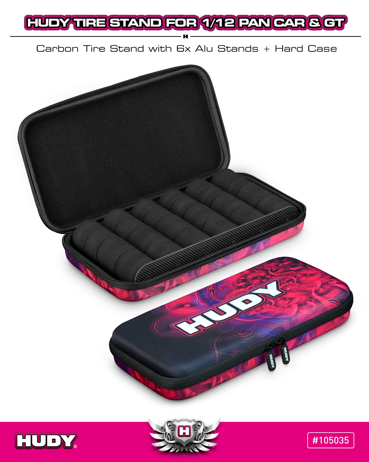 HUDY CARBON TIRE STAND 6x + HARD CASE - 1 / 12 PAN CAR & 1 / 12 GT - 105035
